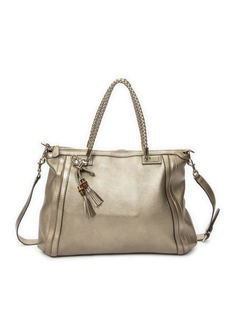 Gucci Bella Bamboo Tassel Top Handle Gold Gray Leather
